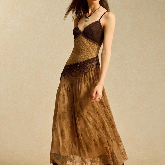 Brown Boho Lace Patchwork Women's Cheetah Print Maxi Sundress - Picture 6 of 7